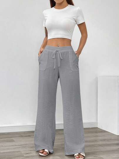 SHEIN PETITE Women's Elegant Vacation Casual Linen-Like Pants