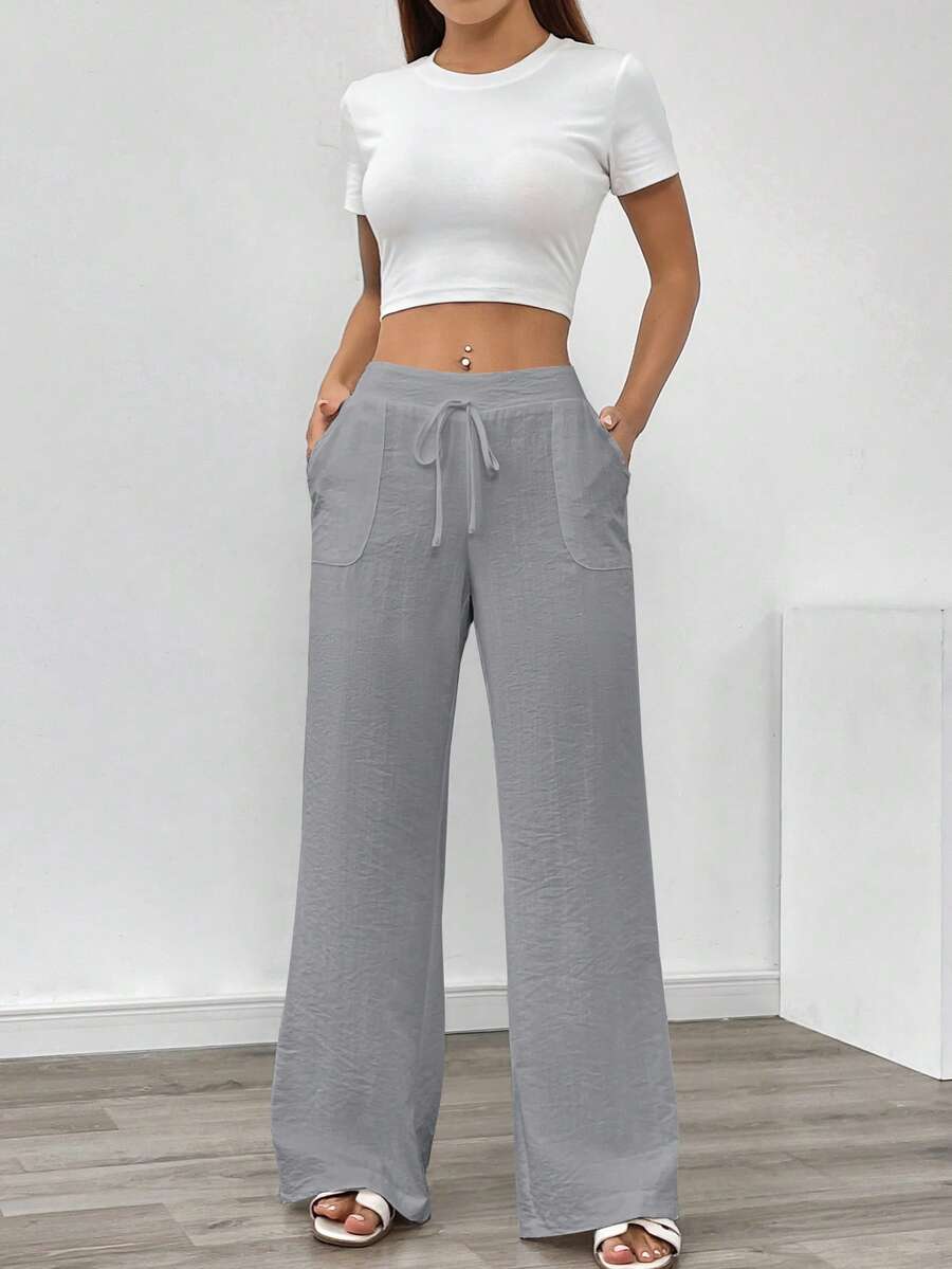 SHEIN PETITE Women's Elegant Vacation Casual Linen-Like Pants - Grey - View 1