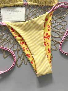 Swim Mod Women's Summer Vacation Beach Striped Halter Tie Bikini Set - Multicolor - View 4