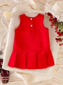 SHEIN Vintaside Kids 女婴红色无袖褶皱蝴蝶结纯色连衣裙，简约优雅夏季女婴时尚情人节公主裙，女婴服装，红色连衣裙，女婴套装，女婴连衣裙拍照服装 - 紅色 - 查看 4