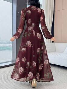Modelyn Women's Floral Print Lace Trim Ruffle Elegant Waist Cinched Long Party Dress - Burgundy - View 3
