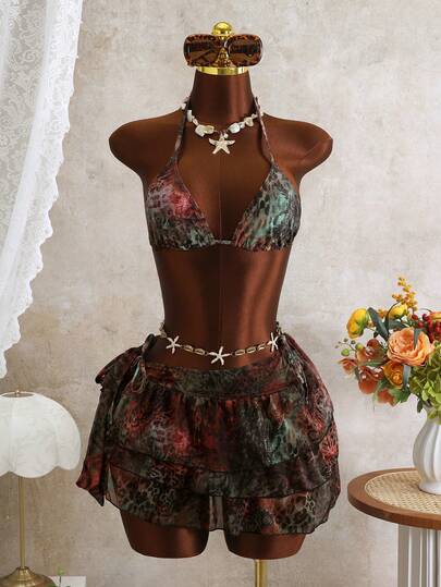 Bellisia 一套多色豹纹性感三角比基尼泳衣，带网纱裙，三件套