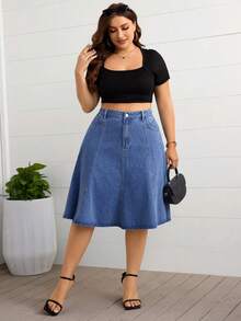 EMERY ROSE Falda vaquera casual de línea A, lavada, talla grande, para verano - Azul lavado medio - Ver 6