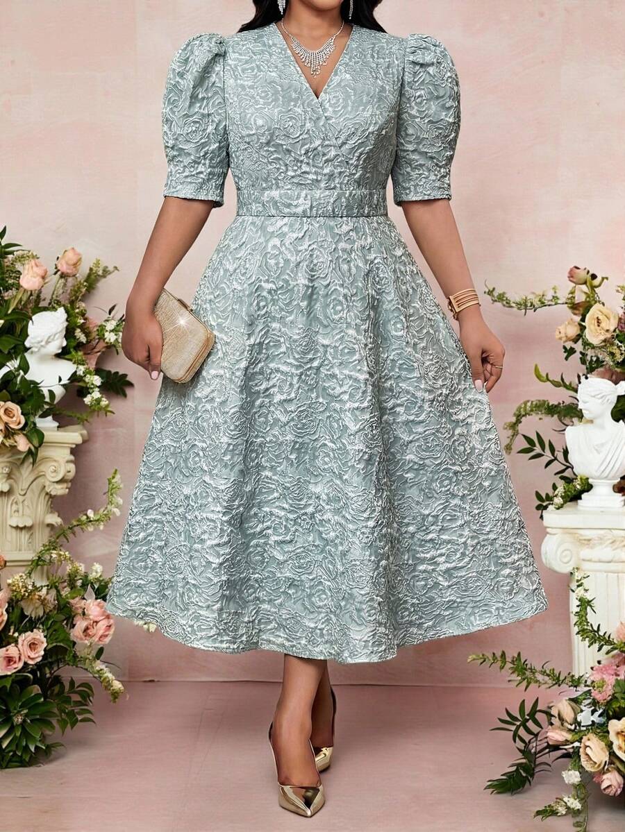 Fleurora 大码交叉裹身花瓣袖优雅纹理面料夏季连衣裙 - 綠色 - 查看 1