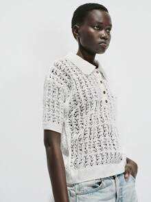 SHEIN Luminelle Áo len nữ cổ polo lưới rỗng, cài cúc kim loại. - Màu be - Xem 5