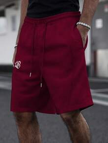 PAVTROS Men's Minimalist Embroidered Pattern Casual Knit Shorts, Loose Straight Leg High Street Patchwork Sports Pants - Burgundy - View 3