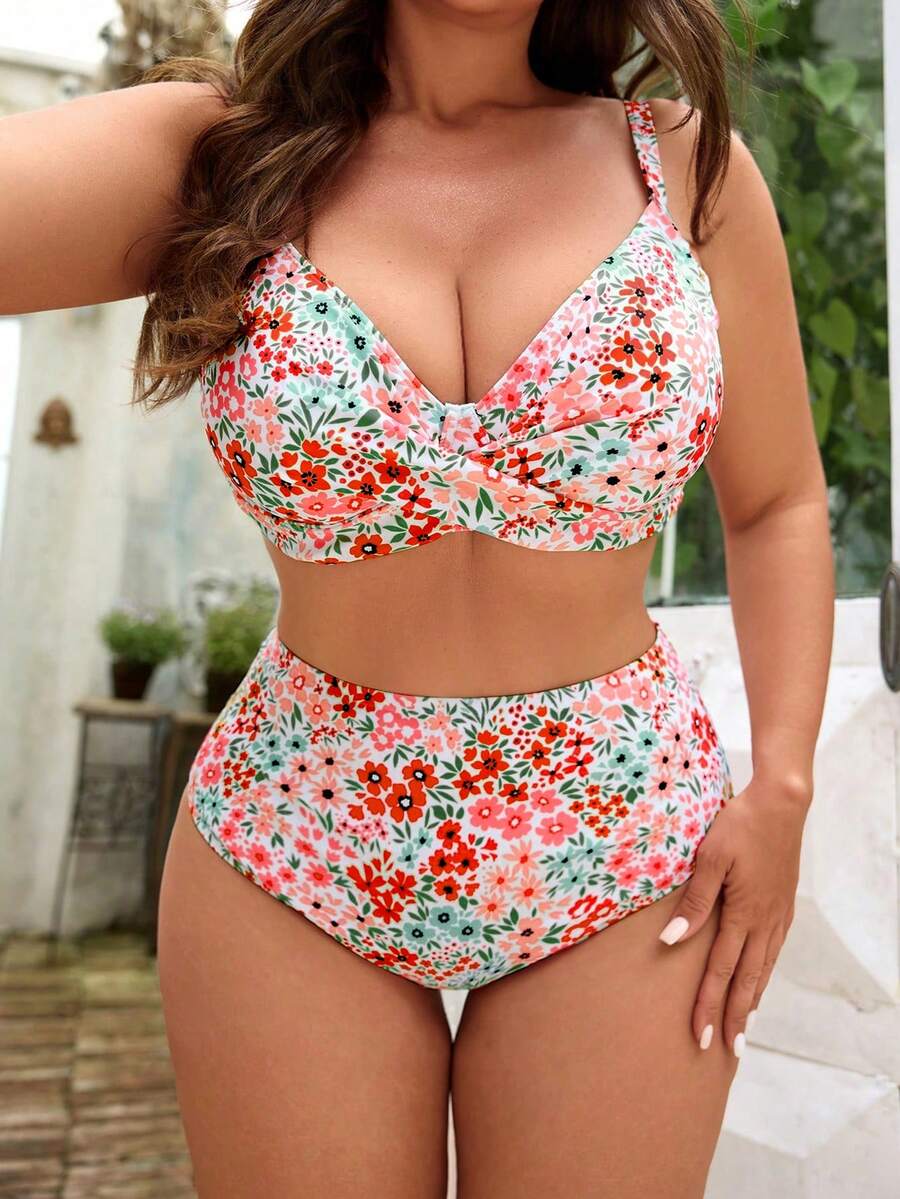 Swim Mod 2026 New Summer Beach Vacation Elegant Sweet Abstract Tie Dye Print Twist Front Plus Size Swimsuit Set