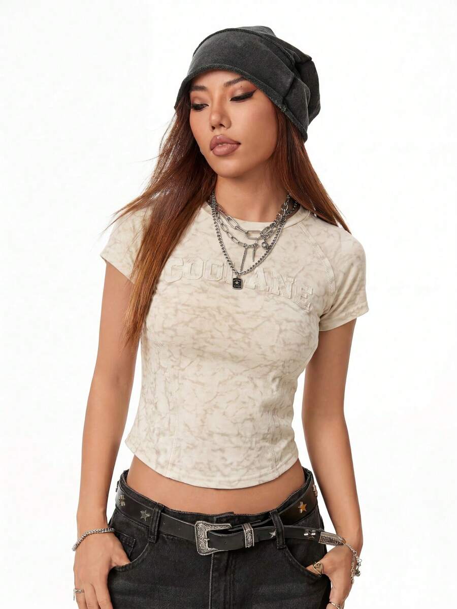 Coolane Girls Vintage Streetwear Y2k Daily Wear Graphics Washed Grunge Crop Tops Going Out Light Beige Summer - Light Grey - View 1