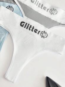 5件套女士无痕丁字裤，简约字母设计运动内衣，塑身提臀 - 彩色 - 查看 4