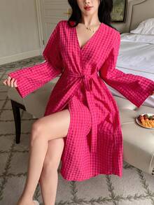 DAZY Plaid Lapel Loose Long Robe For Women, Summer - Pink - View 5