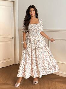 Vionelle Plus Size White Floral Ditsy Batwing Sleeve Dress,Summer Curve Party Holiday Picnic Dresses For Women Long Casual Cute Cosy Cottage Core Tea Party - Multicolor - View 5