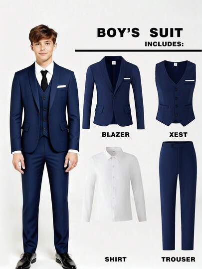 SHEIN Conjunto de traje de 4 piezas para adolescentes, adecuado para todas las estaciones, estilo caballero que incluye blazer de manga larga, chaleco de una sola hilera, camisa blanca y pantalones. Aplicable para ocasiones como eventos escolares, actuaciones, actividades de anfitrión, competencias de piano/discurso, ceremonias de graduación, banquetes familiares y otros eventos formales, también se puede elegir como atuendo semiformal diario.