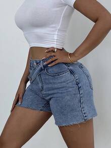 SHEIN ICON 女士高腰口袋修身休闲百搭牛仔短裤 - 中等水洗藍 - 查看 3