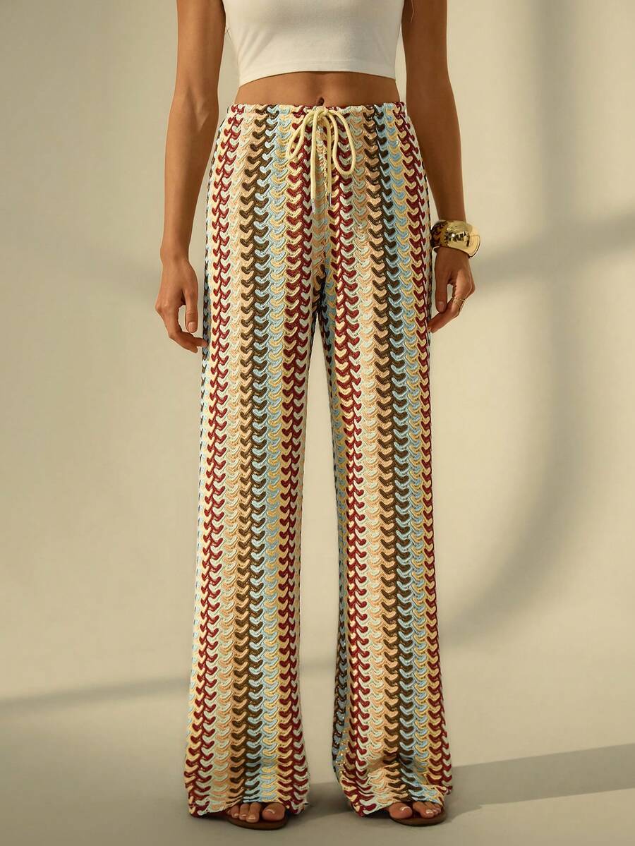 SHEIN Tall Women's Vacation Drawstring Waist All-Over Print Loose Wide Leg Casual Pants,Fall - Multicolor - View 1