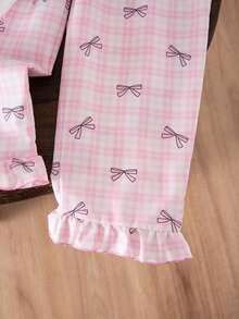 SHEIN Elladie kids 女童蝴蝶结印花短袖T恤和格子裤套装 - 粉色 - 查看 5