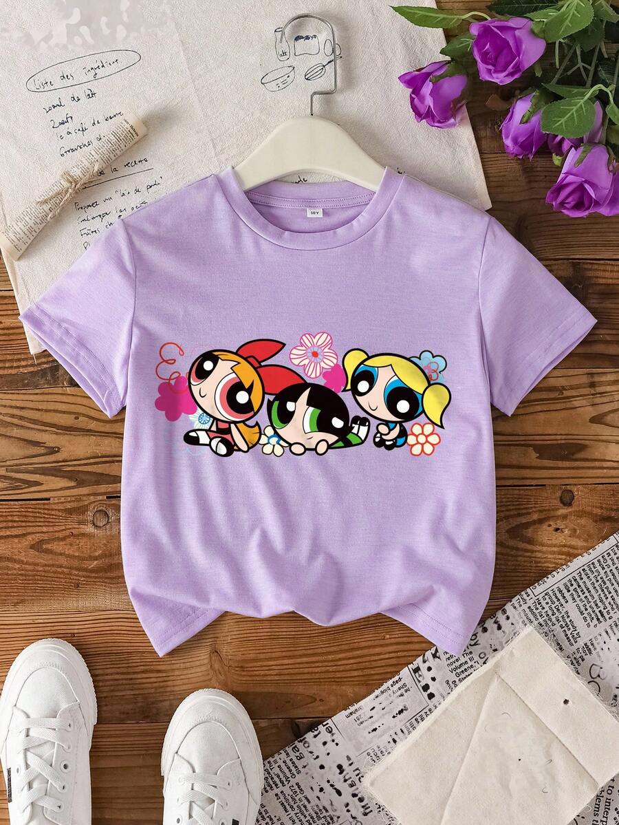 THE POWERPUFF GIRLS X SHEIN Camiseta casual de manga corta y cuello redondo para niñas preadolescentes - Blanco - Ver 1