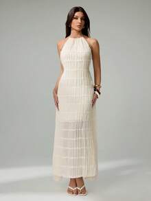 SHEIN Tall 优雅露背修身纹理雪纺长裙，女士款 - 白色 - 查看 5