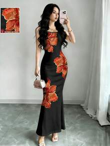 NOVVYNE Đầm đen in họa tiết hoa dâm bụt bóng mượt, đầm ôm sát gợi cảm hai dây cho mùa hè dành cho nữ, chân váy đuôi cá màu đen. - Nhiều màu - Xem 1