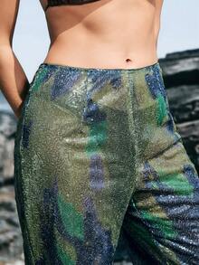 Femmeiva Pantalones rectos con lentejuelas brillantes, de moda para fiestas en discotecas - Multicolor - Ver 2