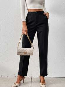 Women's Solid Regular Fit Straight Leg Seam Detailed Elegant Good Quality Pants - Black - View 1