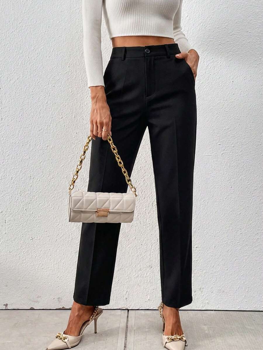 Women's Solid Regular Fit Straight Leg Seam Detailed Elegant Good Quality Pants - Black - View 1