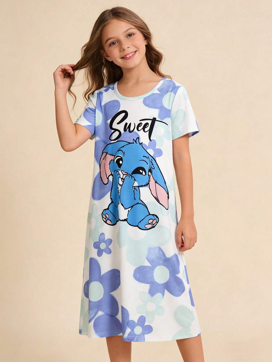 1pc Girls Cute Rabbit Print Loose Fit Sleepwear Dress, Comfortable Home Dress - Multicolor - View 1