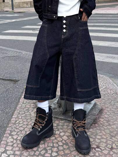 GALLERY FADE Quần short denim nam dáng suông, nhẹ, sang trọng, kiểu cargo, dài đến giữa bắp chân, chất liệu jeans bạc màu, thích hợp mặc đi làm.