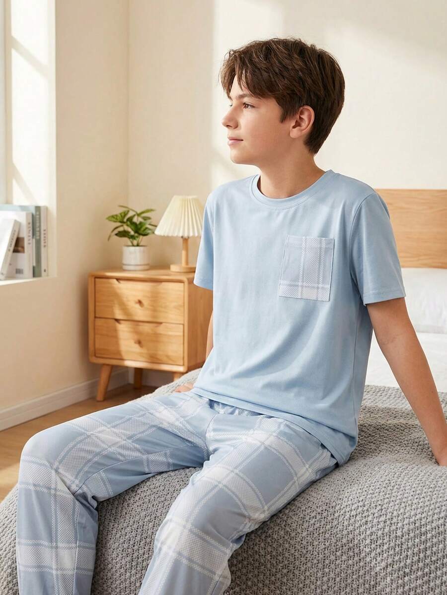 两件套青少年男童简约绅士格子裤和纯色格子口袋短袖上衣，时尚休闲装 - 霧霾藍 - 查看 1