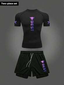 RISE LYT Bộ đồ thể thao nam gồm áo thun và quần short in chữ, bộ tập gym, áo bó sát cho nam. - màu đen - Xem 1