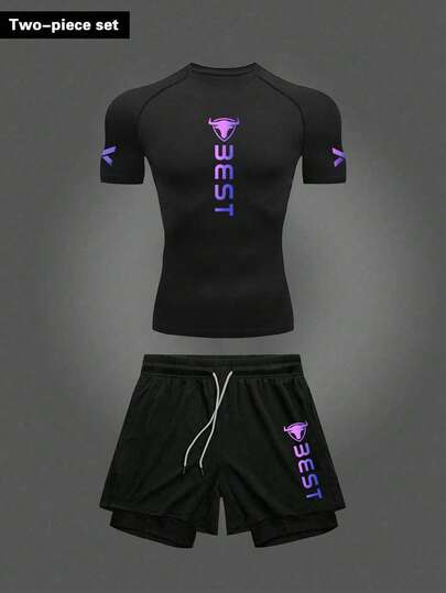 RISE LYT 男士字母印花T恤和短裤运动套装健身套装锻炼套装压缩衣