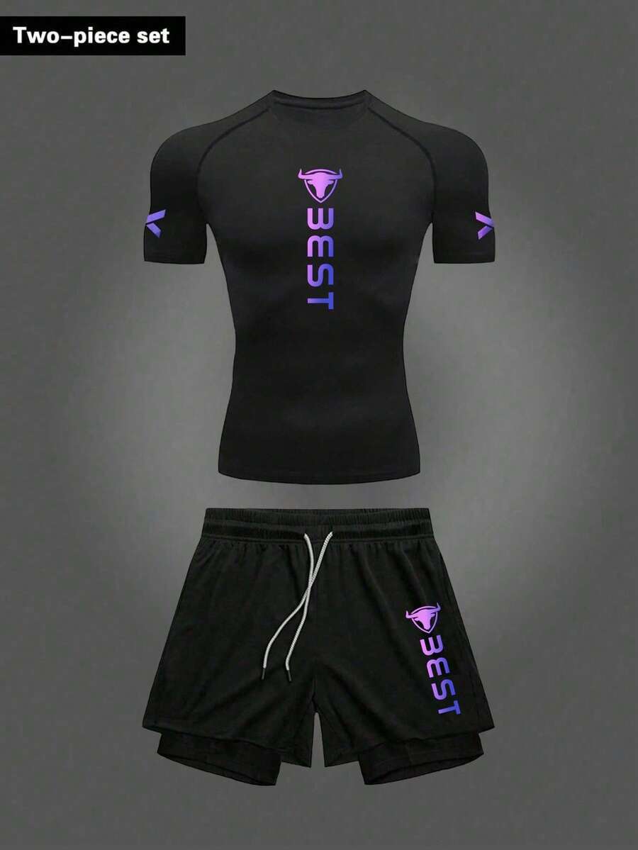 RISE LYT Bộ đồ thể thao nam gồm áo thun và quần short in chữ, bộ tập gym, áo bó sát cho nam. - màu đen - Xem 1