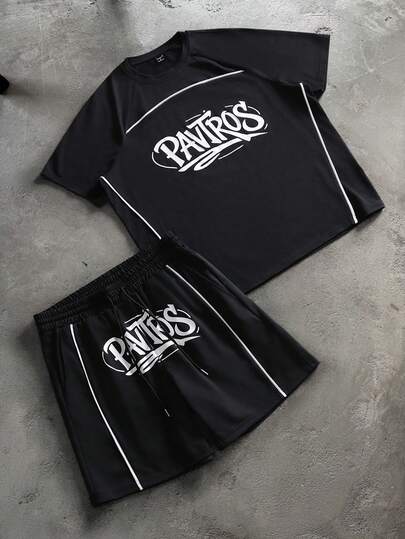 PAVTROS Men's Knit T-Shirt Set, Printed And Ribbon Design, Youthful Streetwear Style For Daily Wear, Ideal Gift For Boyfriend