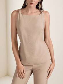 Briarwyn 新款女士纯色露背无袖系带上衣，搭配七分喇叭裤，适合日常休闲穿着。 - 卡其色 - 查看 4