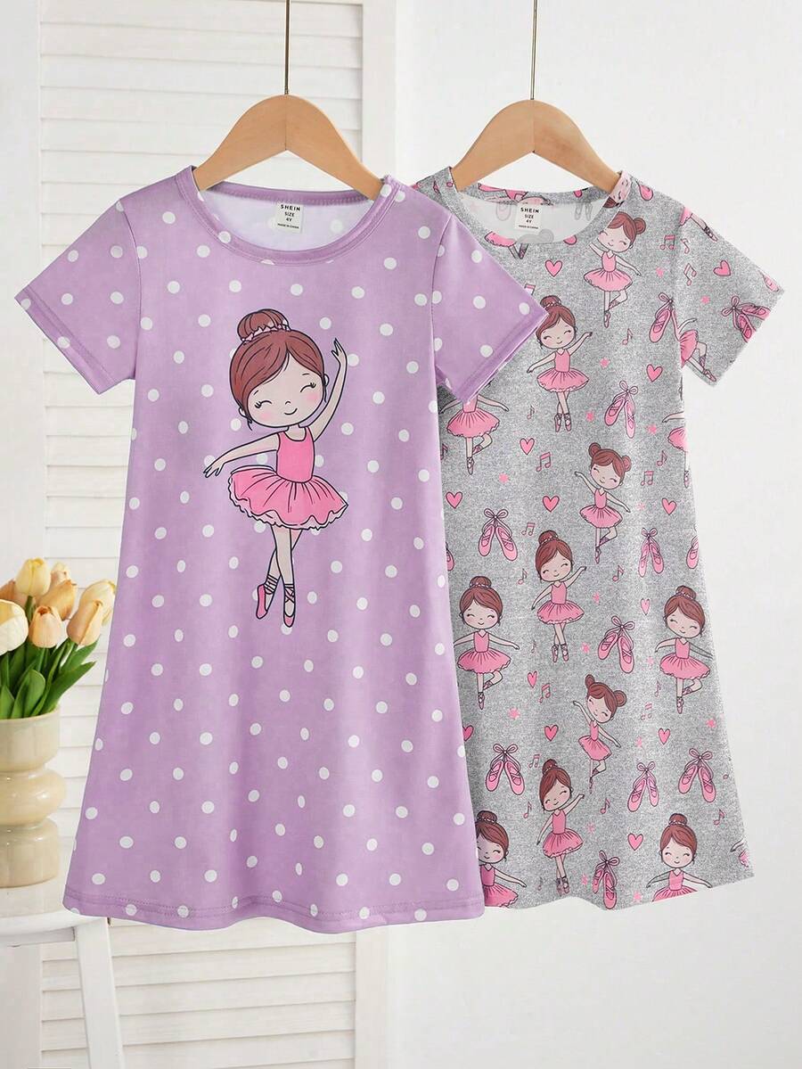Genkimix Kids Bộ đồ ngủ 2 món cho bé gái, in hình chú cừu hoạt hình dễ thương, gồm áo ngủ dài tay ngắn màu hồng và xám. - Màu tím - Xem 1