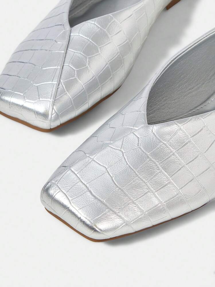WOMEN SHOES NEW FRENCH RETRO FASHION STONE PATTERN FLAT BOTTOM SQUARE TOE V-CUT SHOES, SILVER SIMPLE AND VERSATILE, COMFORTABLE AND ELEGANT TEMPERAMENT, ADVANCED SENSE, SLIP-ON MARY JANE SHOES