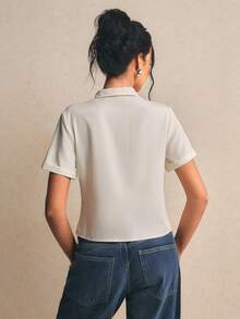 Poéselle 女士纯色短袖荷叶边优雅衬衫 - 杏色 - 查看 3