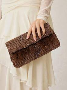 MOTF PREMIUM LADIES ELEGANT FLORAL PATTERN BEAD MATERIAL CLUTCH BAG ENVELOPE BAG WITH ARTIFICIAL FEATHER DECORATION,VALENTINES DAY - Coffee - View 8
