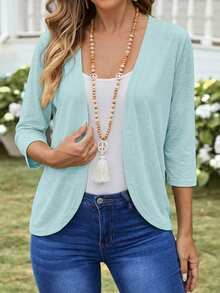 EMERY ROSE Women's Solid Color 3/4 Sleeve Casual Open Front Lightweight Jacket Summer Cardigan For Women Sage Green Top Open Front Top Summer Casual Tops - Green - View 3