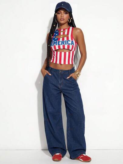 Gowayae Gowayae 美国国旗激光做旧印花修身性感露脐无袖背心（女款）