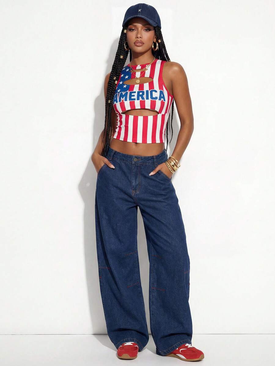 Gowayae Gowayae Áo tank top ngắn tay ôm sát, gợi cảm, in hình cờ Mỹ theo phong cách cổ điển dành cho nữ. - Đỏ và trắng - Xem 1