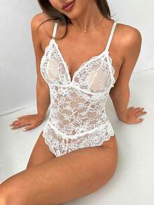 Aloruh Women's Sexy Sheer Lace Bodysuit - White - View 1