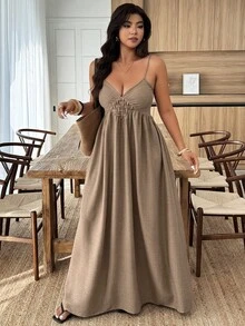 Weeklong Plus Size Women's Casual Sleeveless Ruched Decor A-Line Vacation Dress, Spring/Summer - Brown - View 6