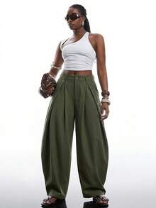 SHEIN EZwear 复古休闲街头风格宽松橄榄绿色弧形下摆加大码裤子，秋冬 - 墨綠色 - 查看 5