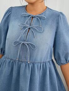Lounesse Plus Size Women Light Blue Denim Mini Dress,Tie Front Puff Sleeve Round Neck Ruched Ruffle Hem Summer Casual Everyday Outfits,Y2K Vintage Date Dress - Blue - View 6