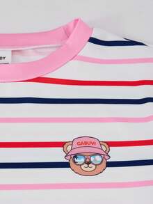 SHEIN Casuvi Kids Casuvi 女童针织数码多色条纹印花舒适弹力修身短袖T恤裙，卡通熊头装饰，美式休闲时尚，适合春夏日常穿着 - 彩色 - 查看 6