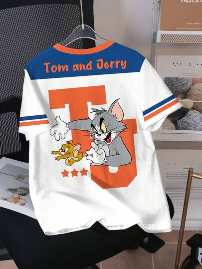 TOM & JERRY X SHEIN Tween Boy Casual Round Neck Cartoon Letter Print Short Sleeve T-Shirt, Versatile Daily Wear