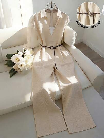 Franclia Elegant Shirt Collar Splice V-Neck Dolman Sleeve Jumpsuit With Belt, Paired With Khaki Wide Leg Pants, Suitable For Commuting, Vacation, Spring/Summer