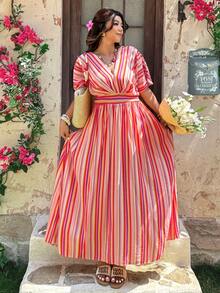 Vionelle Plus Size Orange V-Neck Cinched Waist Dress,Summer,Boho,Vacation,Holiday Women Resort Wear Beach Vacation Cover Up Cabo Outfits Beachwear - Multicolor - View 2