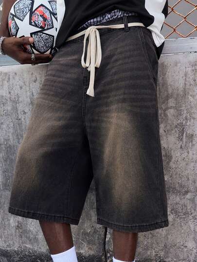 EVRINFINITE Men Water Washed Denim Shorts Slanted Pockets Jorts