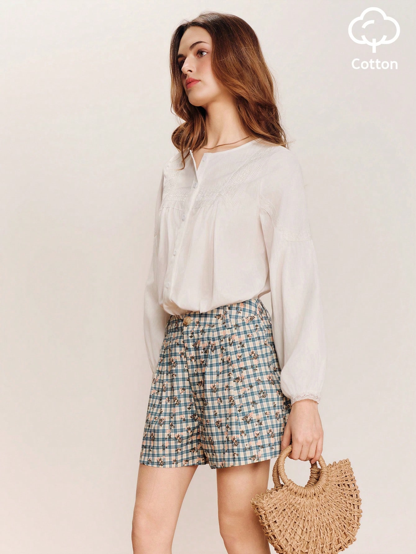 High Waist Tailored Shorts In Floral Plaid Fabric Spring Summer French Style Parisian Style Check Shorts Cotton Shorts Floral Shorts Going Out Vacation Outfit